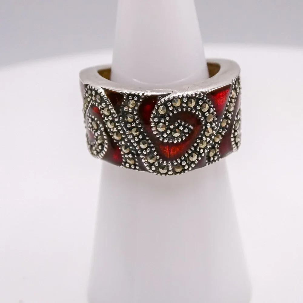 Sterling Silver 925 Red Guilloche Enamel Marcasite Scrolled Ring Sz 7 Vintage